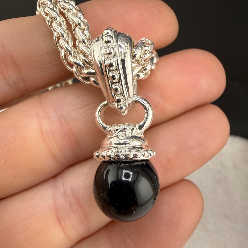 Joan Rivers Necklace Silver Black Double Strand Wheat Chain Drop Pendant 19"